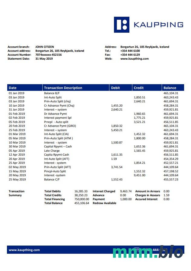 Wyciąg bankowy Iceland Kaupthing łatwy do wypełnienia szablon w formacie Excel i PDF